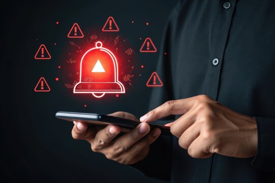 Man using phone with digital notification and warning alert symbols