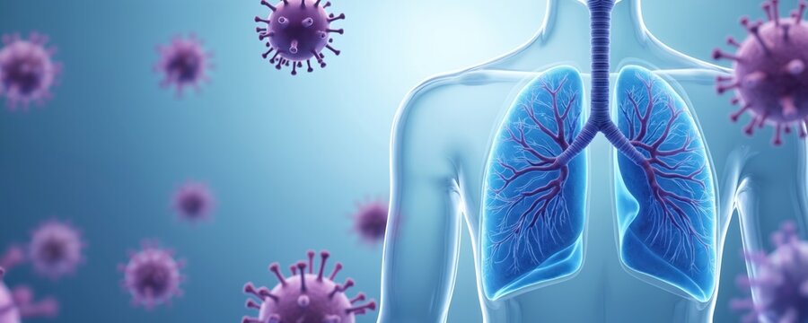 Illustration of respiratory system with glowing blue lungs and bronchi. Purple virus particles float around the airway. Shows pulmonary infection and respiratory tract disease.