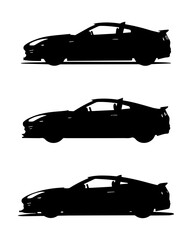 Modern Sports Car Silhouette Set: Three Black Coupe Vector Graphics, High-Performance Automobile Outline, Contemporary Race Vehicle Icon for Decals, Logos, and Apparel