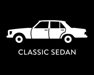 White Classic Sedan Car Silhouette on Black Background: Vintage Automobile Vector Icon, Retro Luxury Vehicle Graphic, Simple Transport Logo for Apparel and Decals