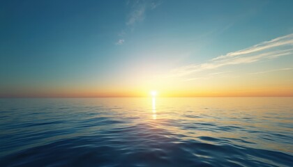 Vast ocean water surface reflects golden sun light at horizon. Blue sky above calm sea at sunrise sunset. Gentle waves move peacefully across water. Tranquil marine landscape creates serene