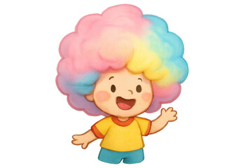 Obraz premium Cute cartoon child with a cheerful smile and vibrant rainbow afro hair happily waving, creating a playful and colorful illustration. Transparent background