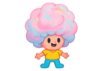 Sweet cotton candy character with colorful afro hair, cute cartoon illustration, standing and smiling, transparent background
