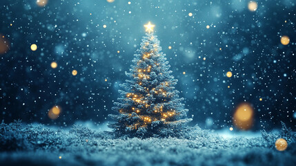 A glowing Christmas tree rotates softly at the center while snowflakes and sparkling stars fall through the scene, creating a magical holiday atmosphere for Christmas or New Year backgrounds.
