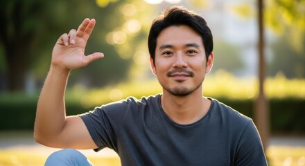 friendly young man making the okay gesture outdoors in a sunny park setting  with a warm inviting