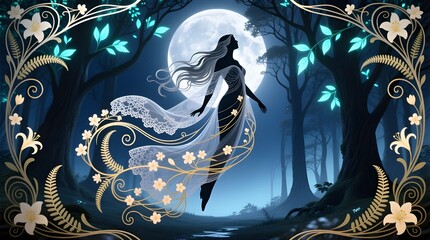 Moonlit Forest with Fairy Silhouette for Magic and Ethereal Beauty