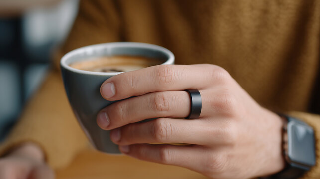 smart technology for health and activity tracking. Man hand with black smart ring holding morning coffee cup