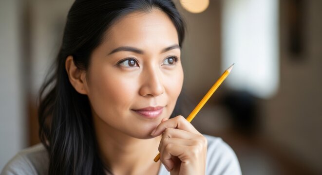 Contemplative Asian woman with thoughtful expression holding a yellow pencil indoors - Powered by Adobe