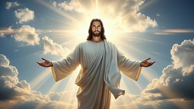 A serene male figure stands with open arms, gazing forward with a benevolent expression. He wears a flowing white robe, set against a radiant, luminous sky filled with soft clouds and brilliant light 