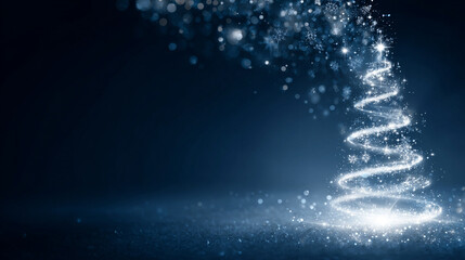 A glowing Christmas tree rotates softly at the center while snowflakes and sparkling stars fall through the scene, creating a magical holiday atmosphere for Christmas or New Year backgrounds.
