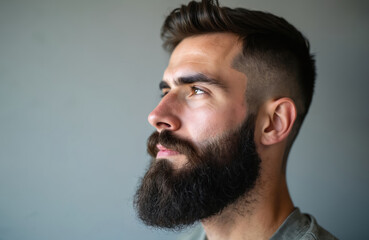 Naklejka premium Young stylish man with dark full beard, modern haircut looks up. Bright green eyes, well-groomed, handsome face. Profile portrait captures confident, thoughtful guy indoors, contemplating future