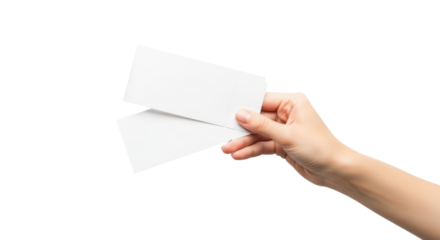 Hand holding blank event tickets for concert or travel concept on black background