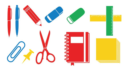 Colorful school supplies arranged for learning including pens scissors and paper