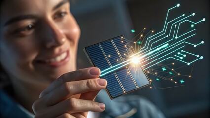 Innovative solar panel technology in the hands of a smiling engineer, powering a brighter future with sustainable energy and modern circuitry design