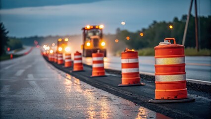 Road work ahead signs and heavy machinery on a rainy highway at dusk, a reminder of infrastructure improvements and potential travel delays, safety first