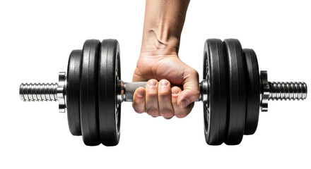 Person gripping heavy black dumbbell for strength training and fitness
