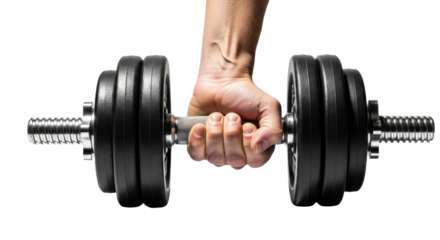 Person gripping heavy black dumbbell for strength training and fitness
