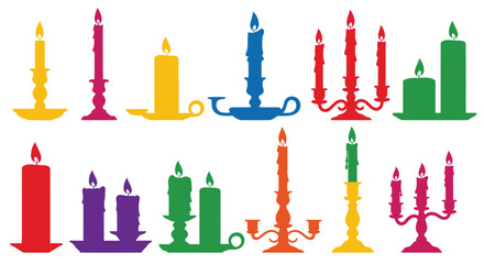 Colorful candles in various shapes and sizes arranged on a white background
