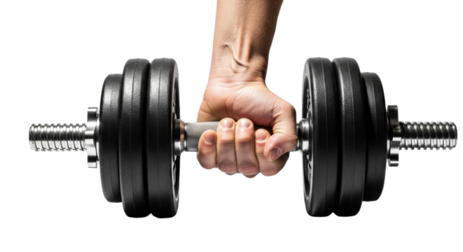 Person gripping heavy black dumbbell for strength training and fitness