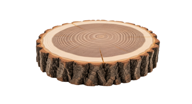 Smooth wooden tree slice with natural bark and visible growth rings