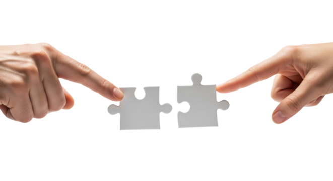 Hands connecting jigsaw puzzle pieces on white background