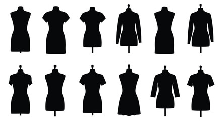 Collection of black silhouette dress forms on a plain white background