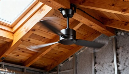 Close medium shot of a modern attic fan installed in a wooden rafters space promoting effective air...