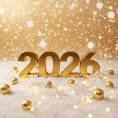 Golden 2026 Celebration With Snowy Decor, Festive Lights, and Elegant New Year Sparkle. A luxurious, wintry backdrop evokes joy, prosperity, and new beginnings for the coming year.