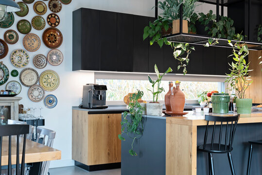 Kitchen and dining room in luxurious style, modern furniture, wooden counter with chair. Indoors architecture with stylish design and decoration on the wall. Smart home with contemporary decor. - Powered by Adobe