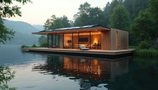 Modern floating house on water surrounded by forest. Scenic lake house provides calm, eco friendly retreat in natural environment. Sustainable home design with glass walls, wooden deck on beautiful - Powered by Adobe