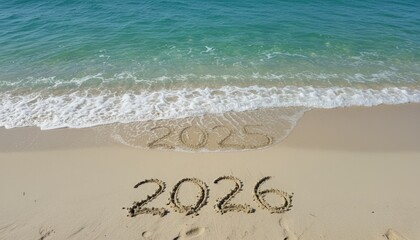 2025 and 2026 written in sand at beach with ocean waves, concept of new year, travel and fresh beginnings