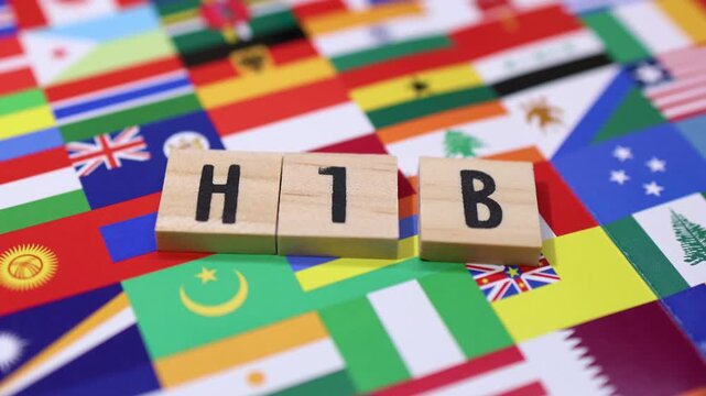 USA H1 B visa concept, non immigrant work visa for skilled foreign workers created on world flags.