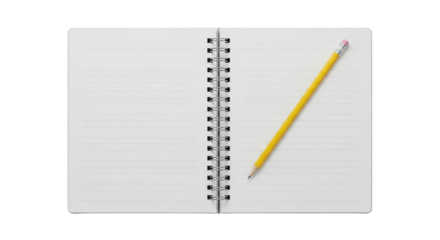 Spiral notebook with lined pages and yellow pencil for writing and note-taking on white background