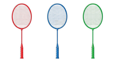 Three colorful badminton rackets arranged in a row on white background