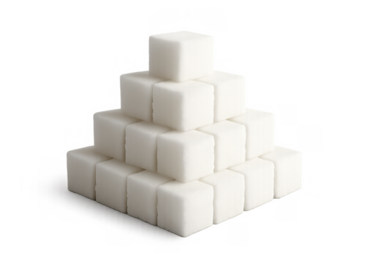 Sugar cubes stacked in a pyramid shape, symbolizing high sugar consumption and potential health risks. Transparent background