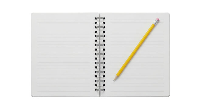 Spiral notebook with lined pages and yellow pencil for writing and note-taking on white background - Powered by Adobe