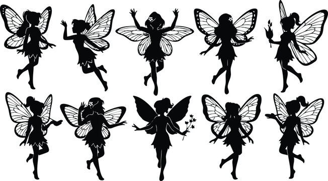 Fairy silhouettes showcasing various poses and activities in a whimsical style for enchanting designs 
