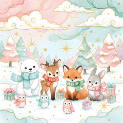 Obraz premium christmas greeting card with santa claus and reindeer, vintage background, animals, snowflakes, fantasy landscape, xmas scenery, graphic design illustration wallpaper 