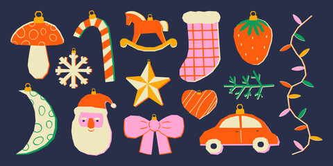 Obraz na płótnie Canvas Set of abstract riso christmas tree decorations. Cut out paper baubles and toys in bold colors. Vintage winter holidays design. Vector graphic