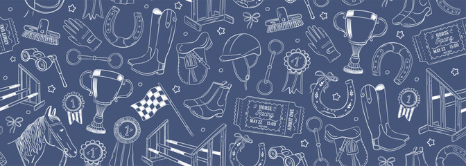 Elegant horse racing equipment outline silhouettes on wide background. Seamless vector banner with line art equestrian elements. Hand-drawn cowboy pattern