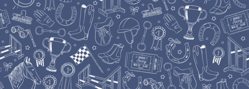 Elegant horse racing equipment outline silhouettes on wide background. Seamless vector banner with line art equestrian elements. Hand-drawn cowboy pattern