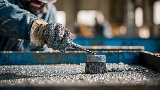 Worker using a stiff brush to scrub and remove steel residues from a metal surface in an industrial environment