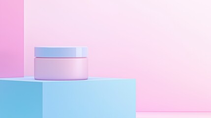 Jar with face cream on bright surface with gradient background