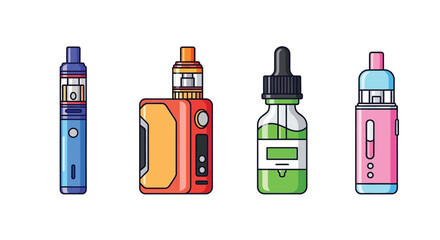 Colorful illustration displaying different types of electronic vaping devices lined up