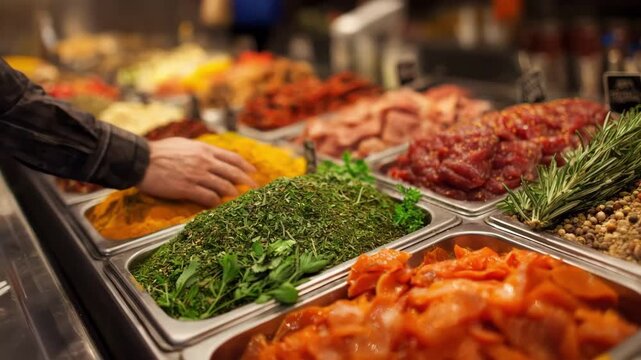 Freshly marinated meats with colorful herbs and spices highlighting the variety of flavorful options in a welllit butcher shop display