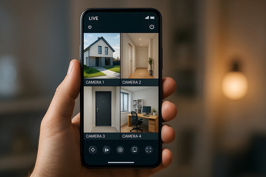 Modern smartphone showing live CCTV surveillance feed