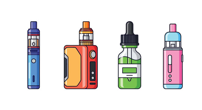 Colorful illustration displaying different types of electronic vaping devices lined up