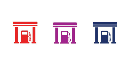 Three colorful gas station icons representing fuel services in a row