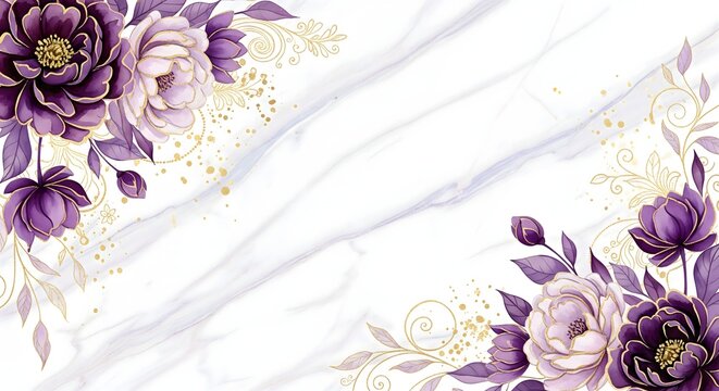 Elegant purple floral arrangement with gold accents on marble creates a stunning, versatile backdrop for invitations and feminine designs - Powered by Adobe