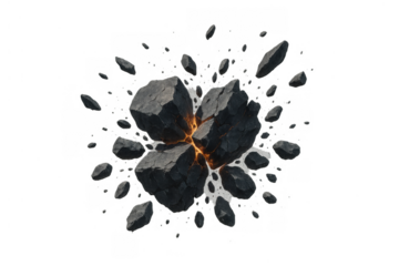 Exploding asteroid or rock breaking apart, showing a molten lava core and flying debris, isolated background